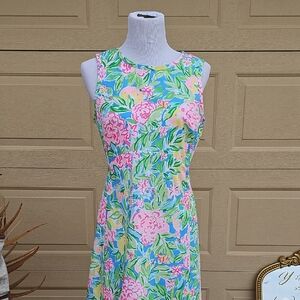 Lilly Pulitzer Sleeveless Floral A-Line Midi Dress in Pink, Green & Blue